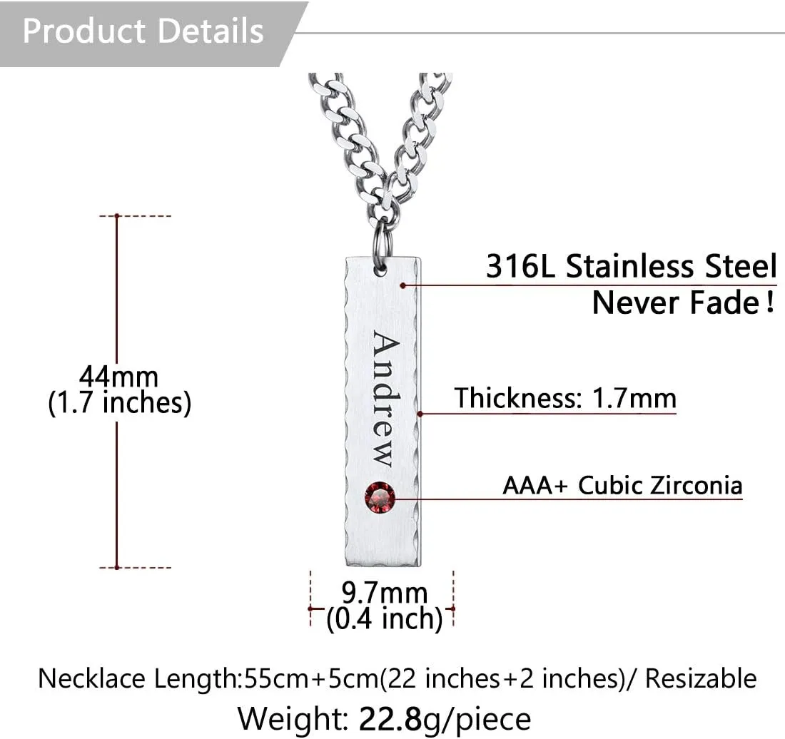 U7 Engravable Bar Necklace, Womens Choker Necklace Stainless Steel Custom Engrave Text Horizontal/Vertical Bar Pendant Necklaces for Men Women