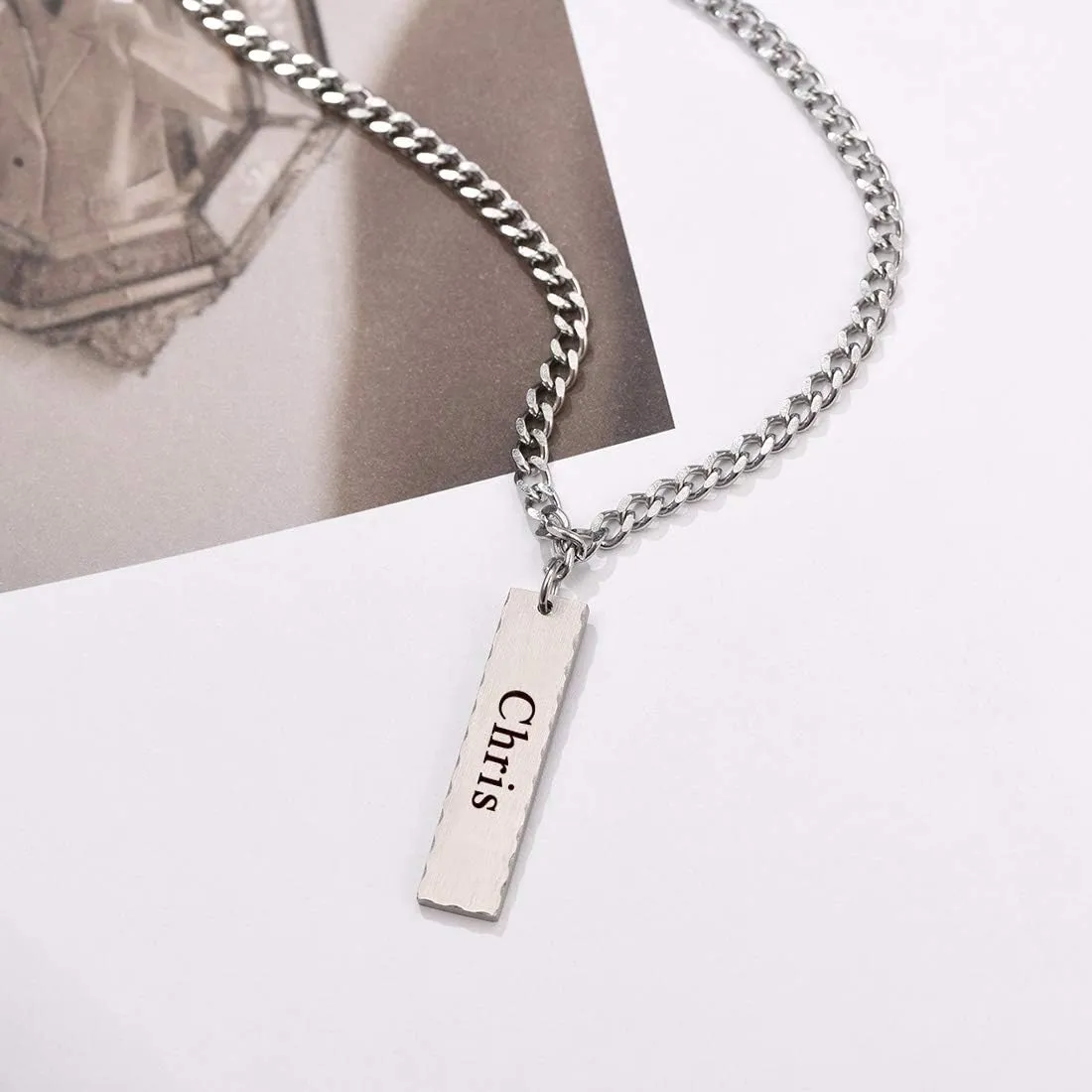 U7 Engravable Bar Necklace, Womens Choker Necklace Stainless Steel Custom Engrave Text Horizontal/Vertical Bar Pendant Necklaces for Men Women