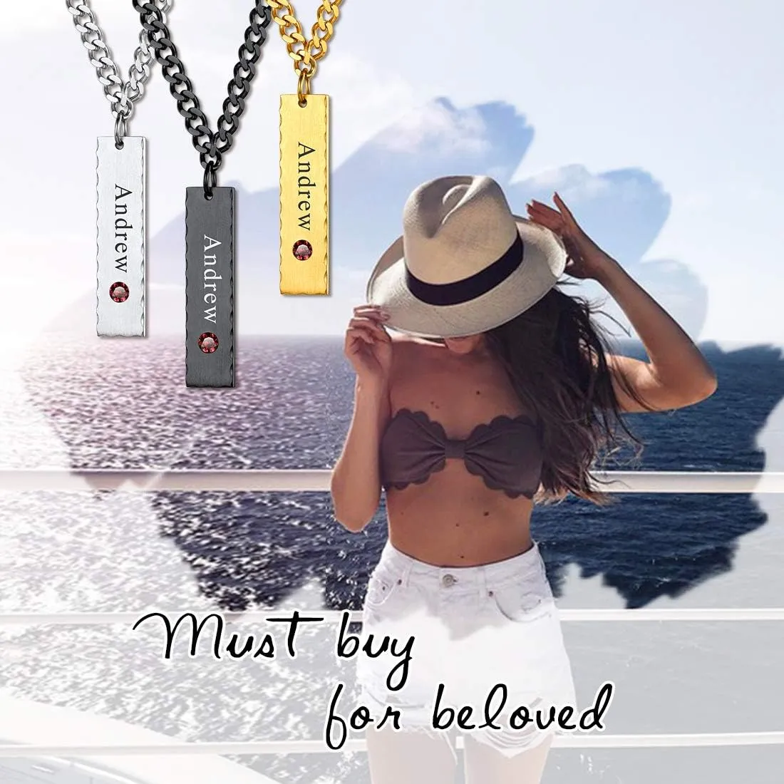 U7 Engravable Bar Necklace, Womens Choker Necklace Stainless Steel Custom Engrave Text Horizontal/Vertical Bar Pendant Necklaces for Men Women