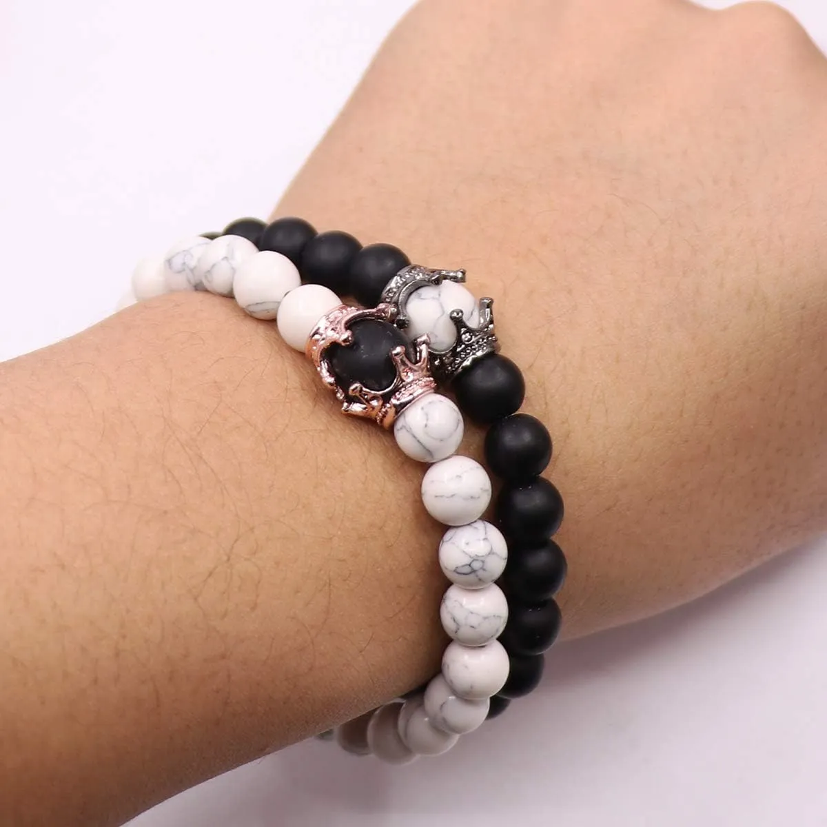UEUC King&Queen Crown Distance Couple Bracelets His and Her Friendship 8mm Beads Bracelet