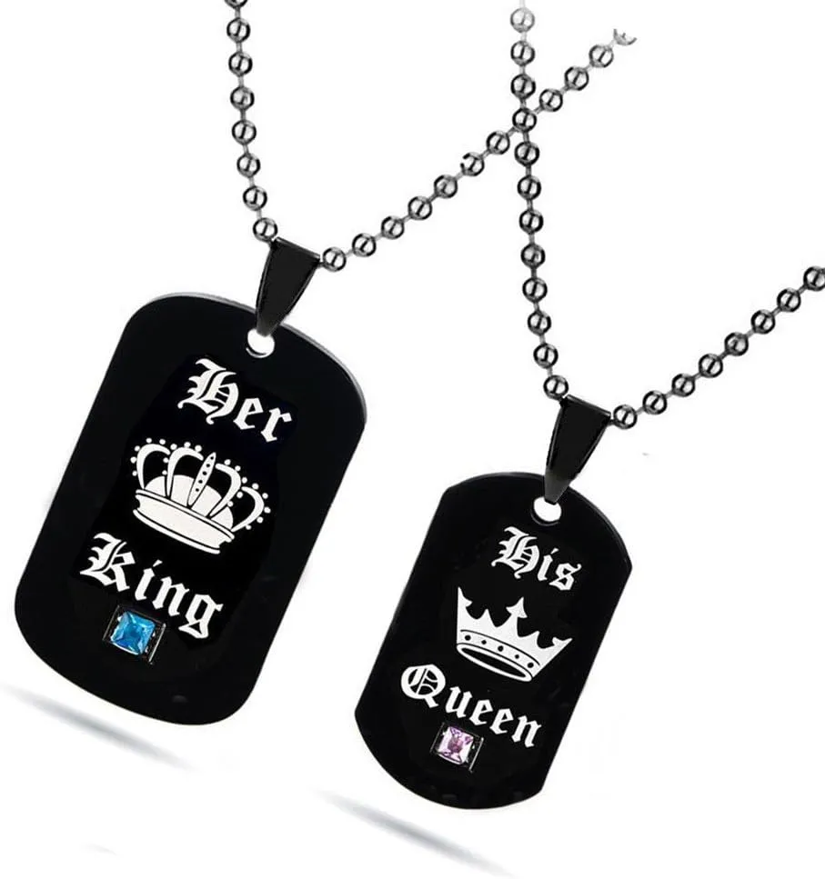 Uloveido His Queen & Her King Couples Square Pendant Necklaces for Men and Women Black and Gold Color Titanium SN115