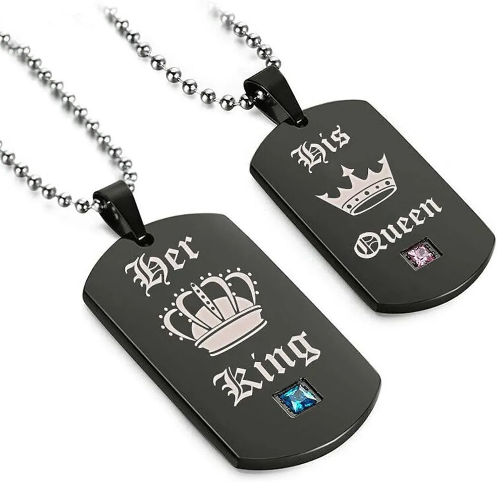 Uloveido His Queen & Her King Couples Square Pendant Necklaces for Men and Women Black and Gold Color Titanium SN115