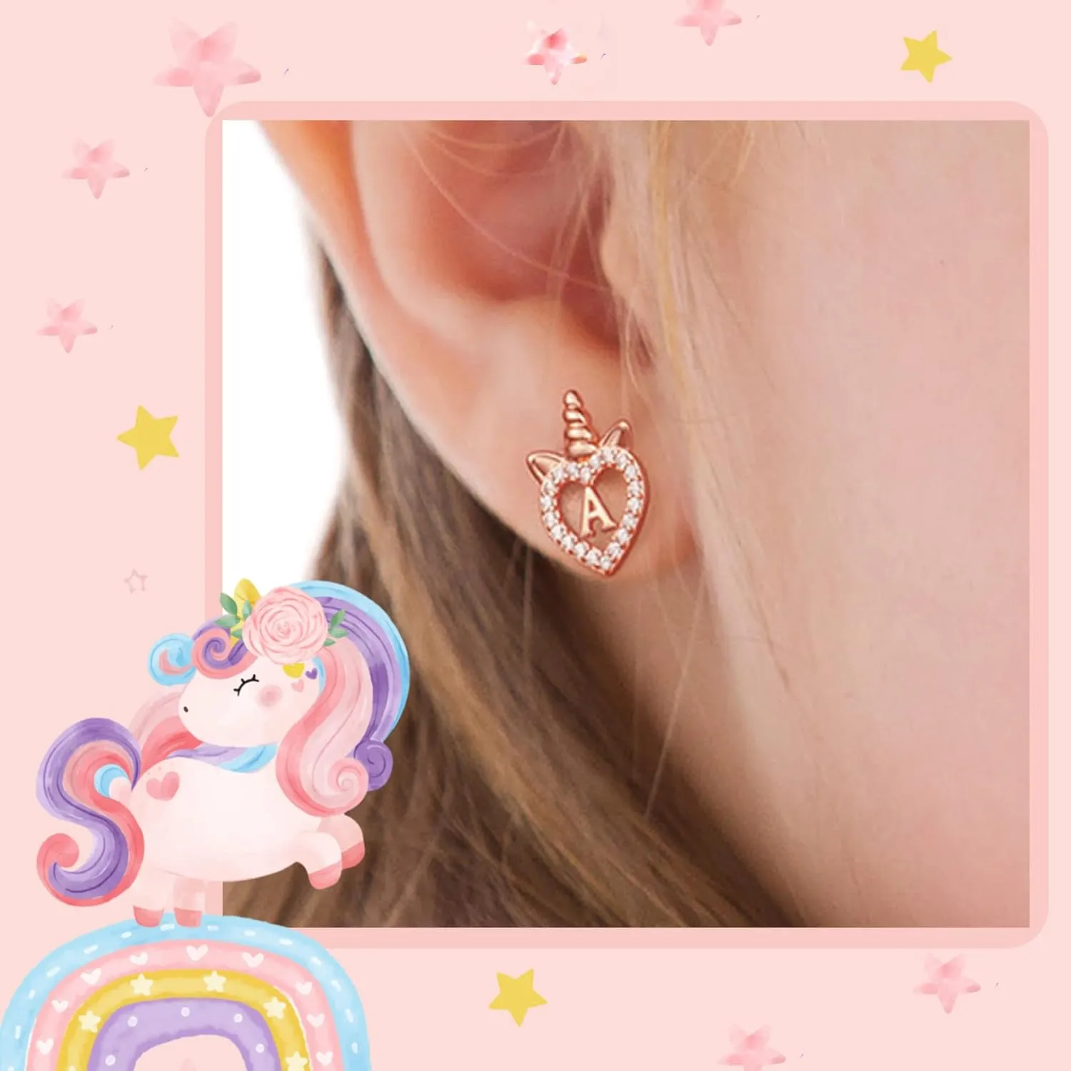 Unicorns Gifts for Girls Earrings, S925 Sterling Silver Post CZ Unicorn Stud Earrings White Gold/Rose Gold Plated Hypoallergenic Initial Earrings Unicorn Earrings for Kids Teen Girls