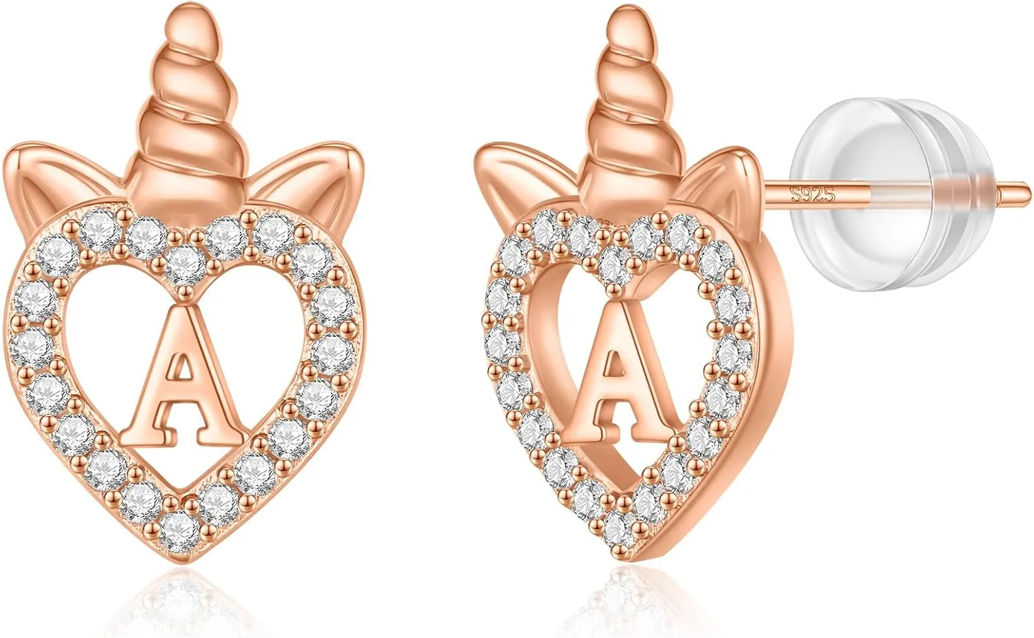 Unicorns Gifts for Girls Earrings, S925 Sterling Silver Post CZ Unicorn Stud Earrings White Gold/Rose Gold Plated Hypoallergenic Initial Earrings Unicorn Earrings for Kids Teen Girls