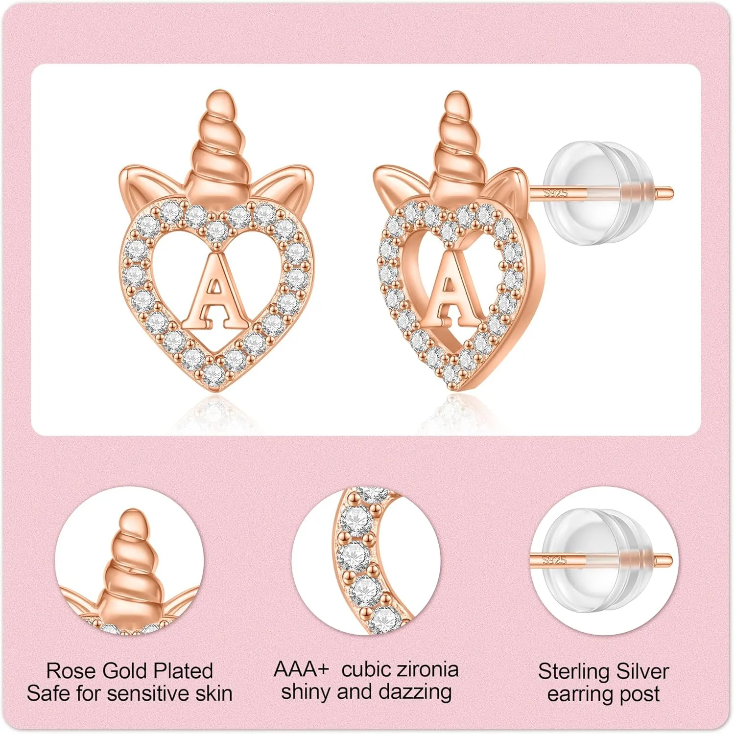 Unicorns Gifts for Girls Earrings, S925 Sterling Silver Post CZ Unicorn Stud Earrings White Gold/Rose Gold Plated Hypoallergenic Initial Earrings Unicorn Earrings for Kids Teen Girls