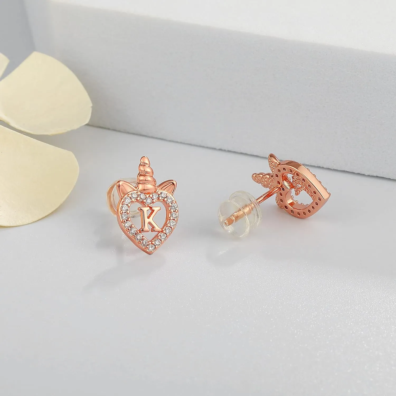 Unicorns Gifts for Girls Earrings, S925 Sterling Silver Post CZ Unicorn Stud Earrings White Gold/Rose Gold Plated Hypoallergenic Initial Earrings Unicorn Earrings for Kids Teen Girls