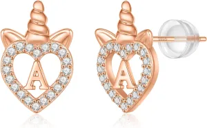 Unicorns Gifts for Girls Earrings, S925 Sterling Silver Post CZ Unicorn Stud Earrings White Gold/Rose Gold Plated Hypoallergenic Initial Earrings Unicorn Earrings for Kids Teen Girls