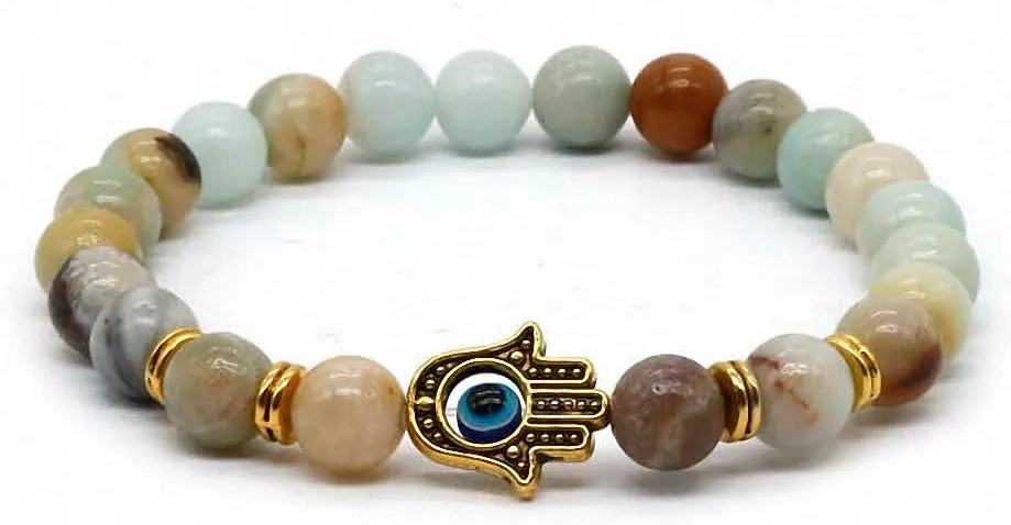 Unisex Natural Black and White Stone Gold Fatima Hand Hamsa with Turkish Blue Evil Eye Bead Bracelet Elastic Adjustable for Men Women Buddha Hand Jewelry Saucer Spacer Lucky Amulet Bracelet Bless Protection Gift