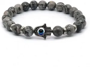 Unisex Natural Black and White Stone Gold Fatima Hand Hamsa with Turkish Blue Evil Eye Bead Bracelet Elastic Adjustable for Men Women Buddha Hand Jewelry Saucer Spacer Lucky Amulet Bracelet Bless Protection Gift