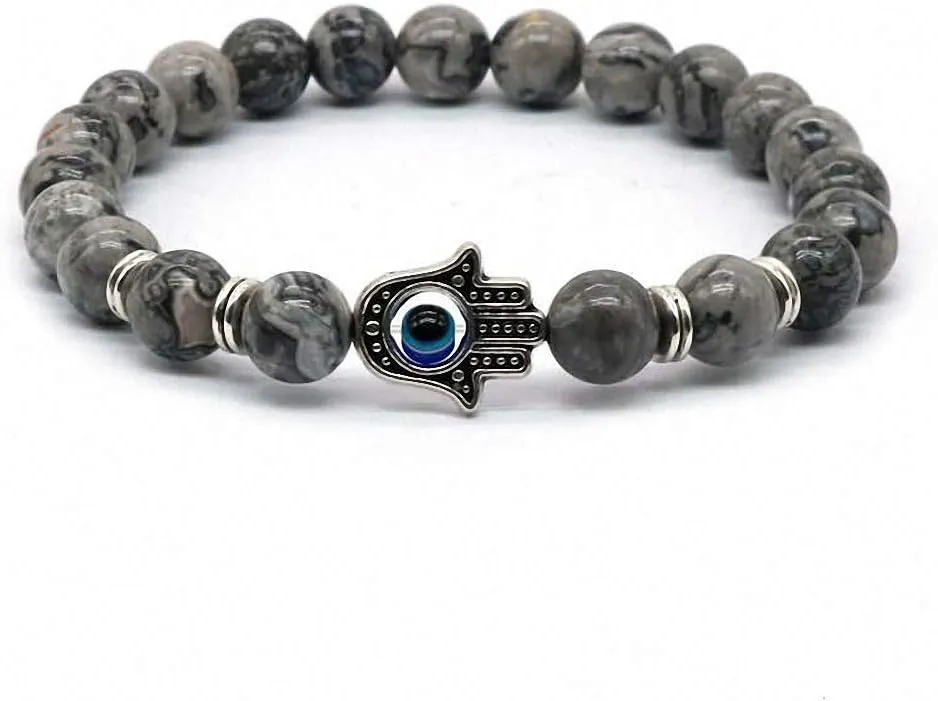 Unisex Natural Black and White Stone Gold Fatima Hand Hamsa with Turkish Blue Evil Eye Bead Bracelet Elastic Adjustable for Men Women Buddha Hand Jewelry Saucer Spacer Lucky Amulet Bracelet Bless Protection Gift