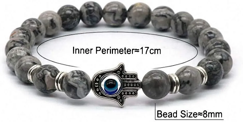 Unisex Natural Black and White Stone Gold Fatima Hand Hamsa with Turkish Blue Evil Eye Bead Bracelet Elastic Adjustable for Men Women Buddha Hand Jewelry Saucer Spacer Lucky Amulet Bracelet Bless Protection Gift