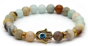 Unisex Natural Black and White Stone Gold Fatima Hand Hamsa with Turkish Blue Evil Eye Bead Bracelet Elastic Adjustable for Men Women Buddha Hand Jewelry Saucer Spacer Lucky Amulet Bracelet Bless Protection Gift