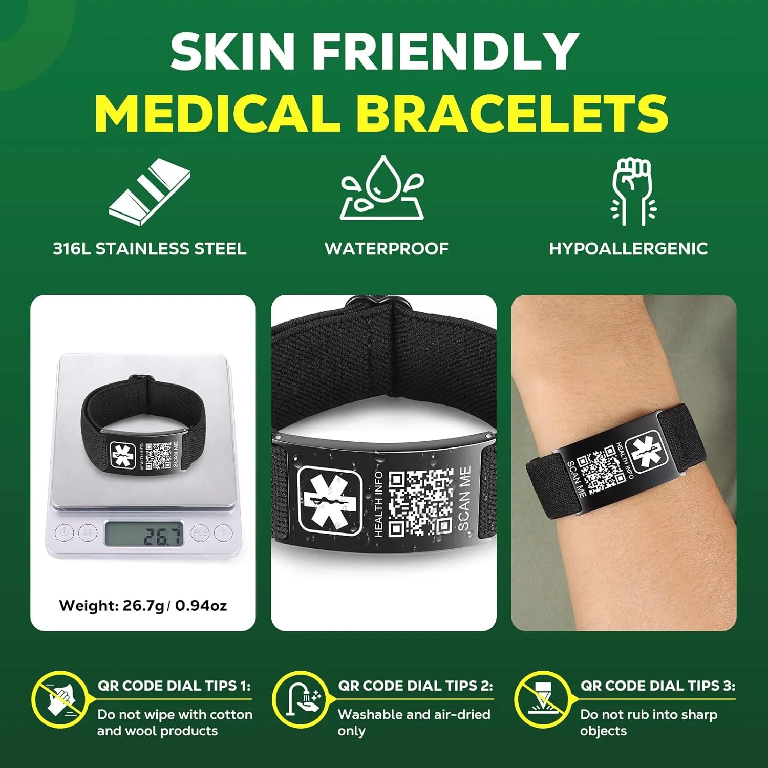 Upgraded Medical Bracelets Men Women with QR Code Medical Alert ID Bracelets - Titanium Steel Wristband Fits Wrists Up 8''-10'' - More Space Custom Emergency Med ID Info