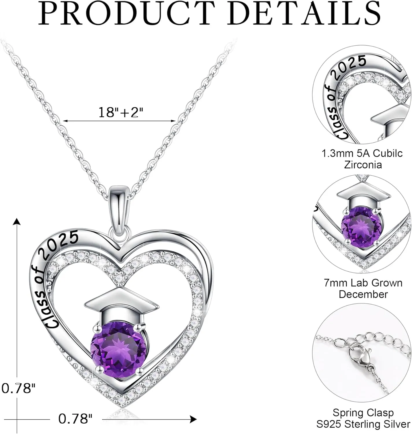 Ursilver Graduation Gifts for Her 2025, S925 Sterling Silver Birthstone Necklace Engraved Class of 2025 Pendant Necklaces College Graduation Gifts for Her