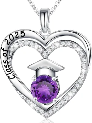 Ursilver Graduation Gifts for Her 2025, S925 Sterling Silver Birthstone Necklace Engraved Class of 2025 Pendant Necklaces College Graduation Gifts for Her