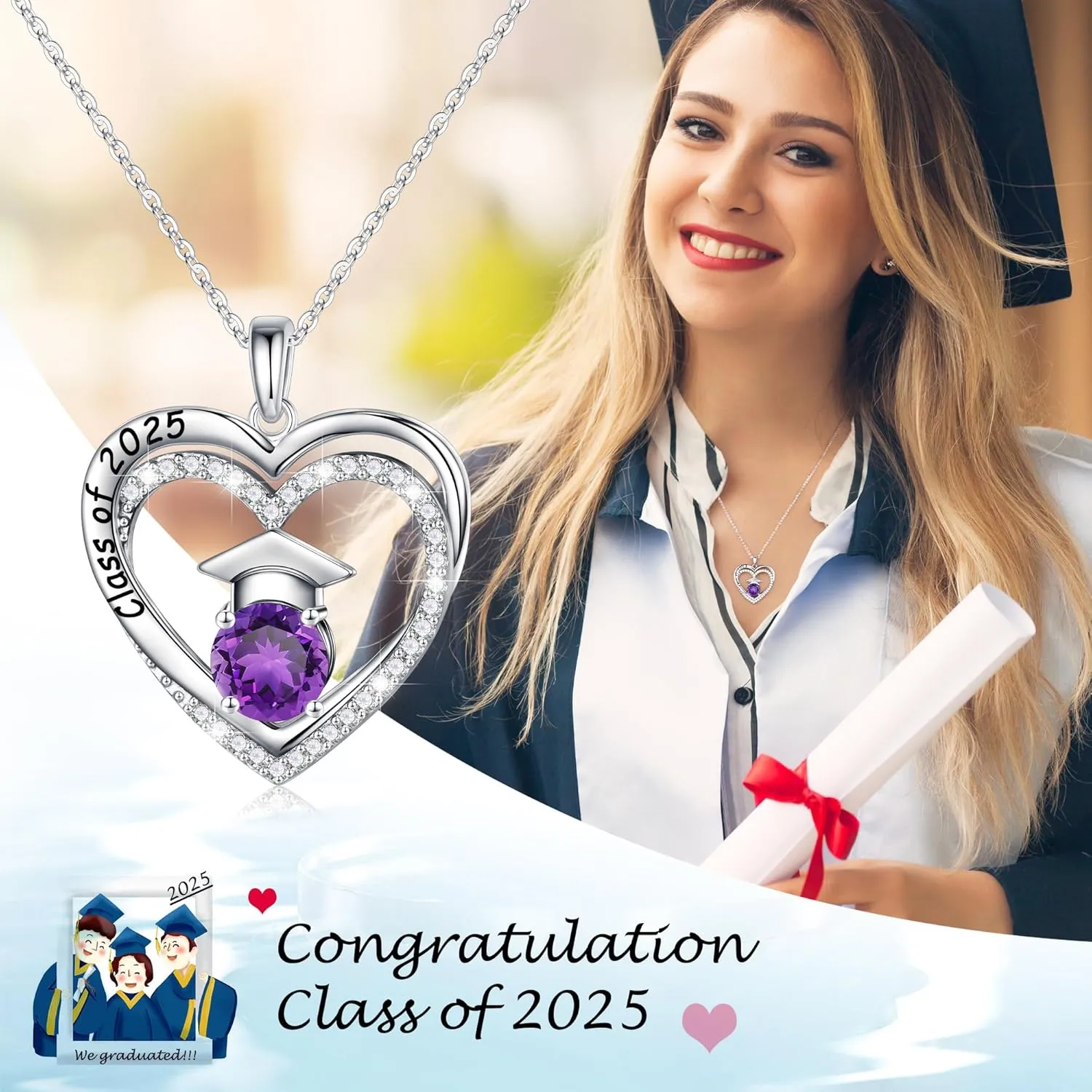 Ursilver Graduation Gifts for Her 2025, S925 Sterling Silver Birthstone Necklace Engraved Class of 2025 Pendant Necklaces College Graduation Gifts for Her