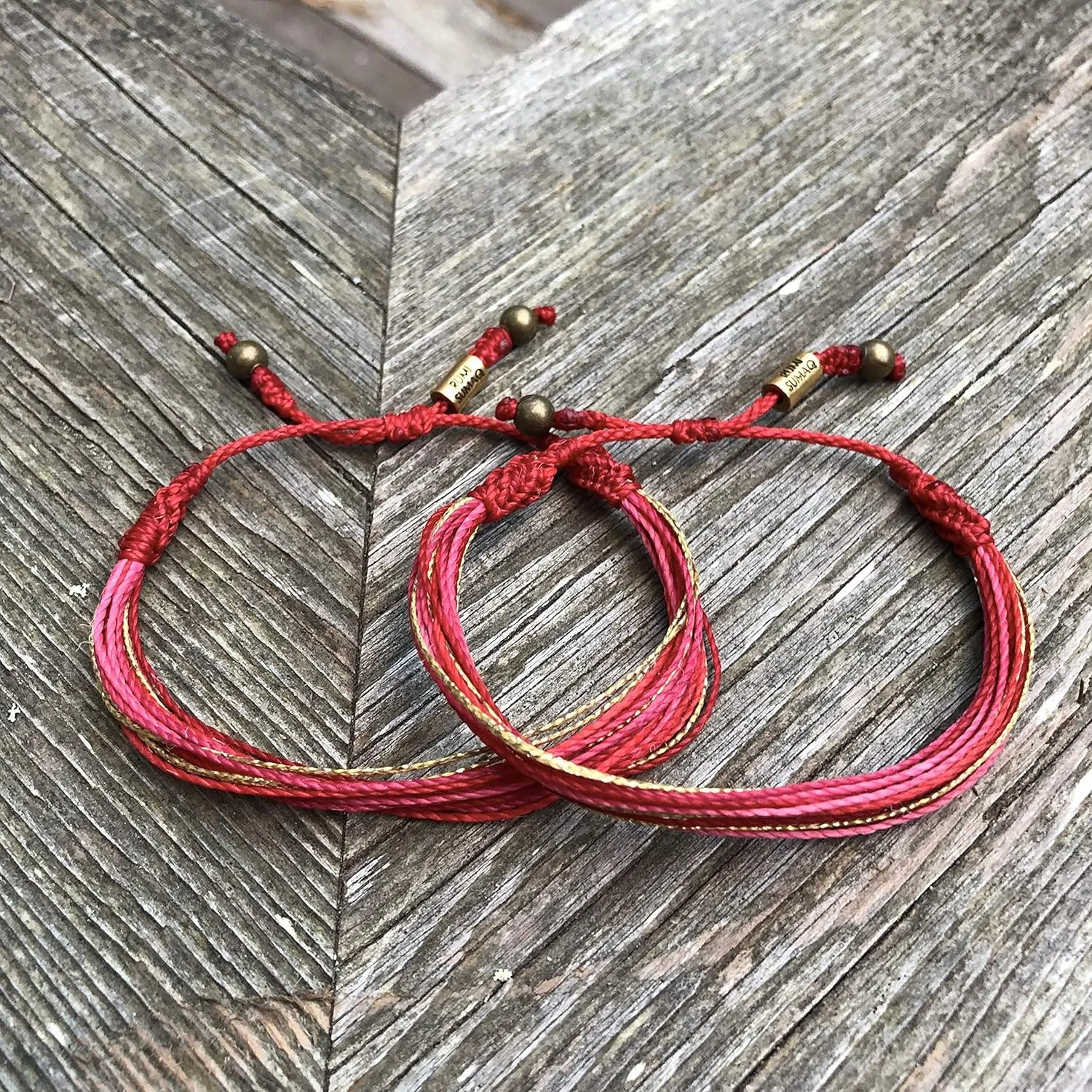 Valentine Bracelet Red Pink String with Metallic Gold Cord - Size Adjustable Galentine Gift Friendship Bracelets - Handmade Valentines Bracelet Jewelry Gift for Teenage Girls and Women by Rumi Sumaq
