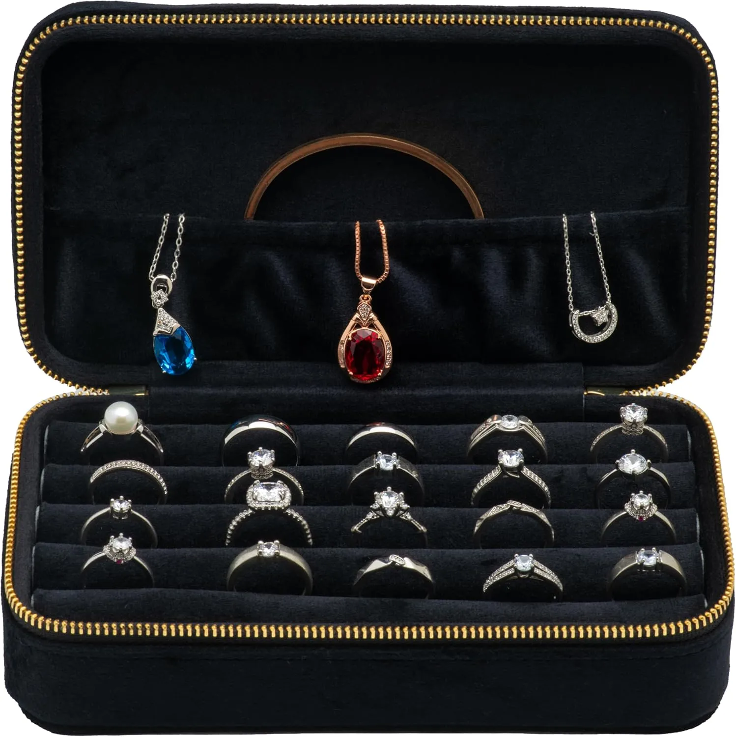 Velvet Multiple Ring Box Jewelry Organizer Display Tray with Zipper Around Earring Holder Case for Wedding Birthday (Black)