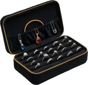 Velvet Multiple Ring Box Jewelry Organizer Display Tray with Zipper Around Earring Holder Case for Wedding Birthday (Black)
