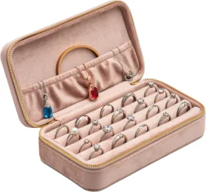 Velvet Multiple Ring Box Jewelry Organizer Display Tray with Zipper Around Earring Holder Case for Wedding Birthday (Blush Peach)