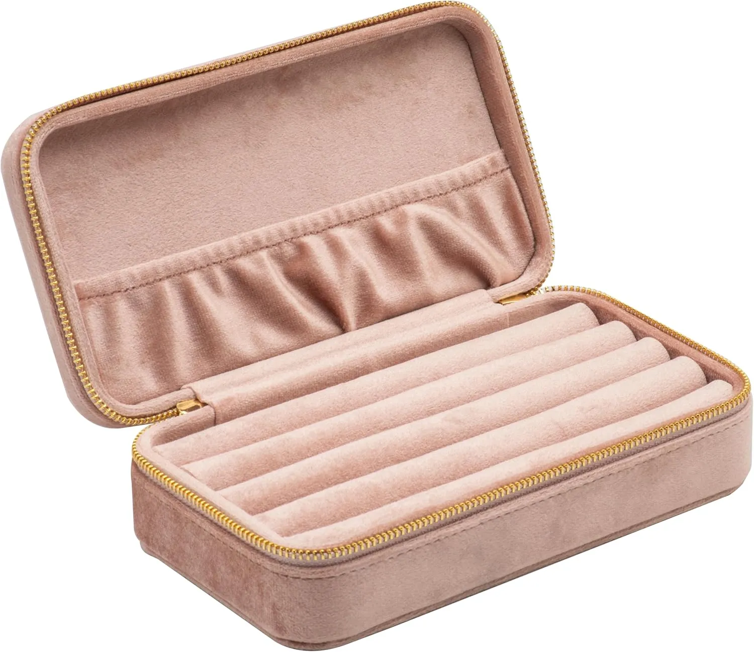 Velvet Multiple Ring Box Jewelry Organizer Display Tray with Zipper Around Earring Holder Case for Wedding Birthday (Blush Peach)