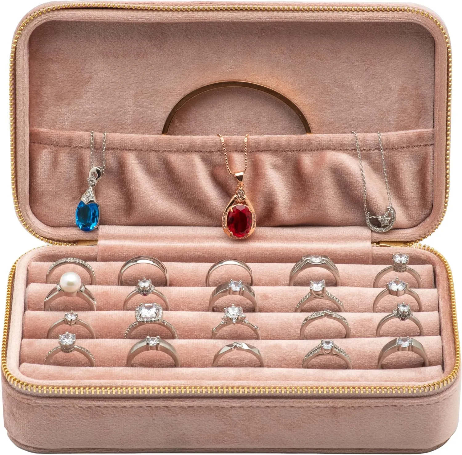 Velvet Multiple Ring Box Jewelry Organizer Display Tray with Zipper Around Earring Holder Case for Wedding Birthday (Blush Peach)