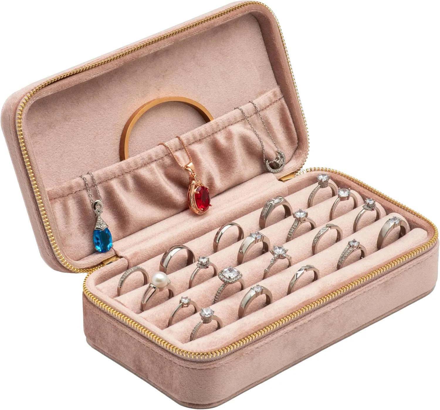 Velvet Multiple Ring Box Jewelry Organizer Display Tray with Zipper Around Earring Holder Case for Wedding Birthday (Blush Peach)