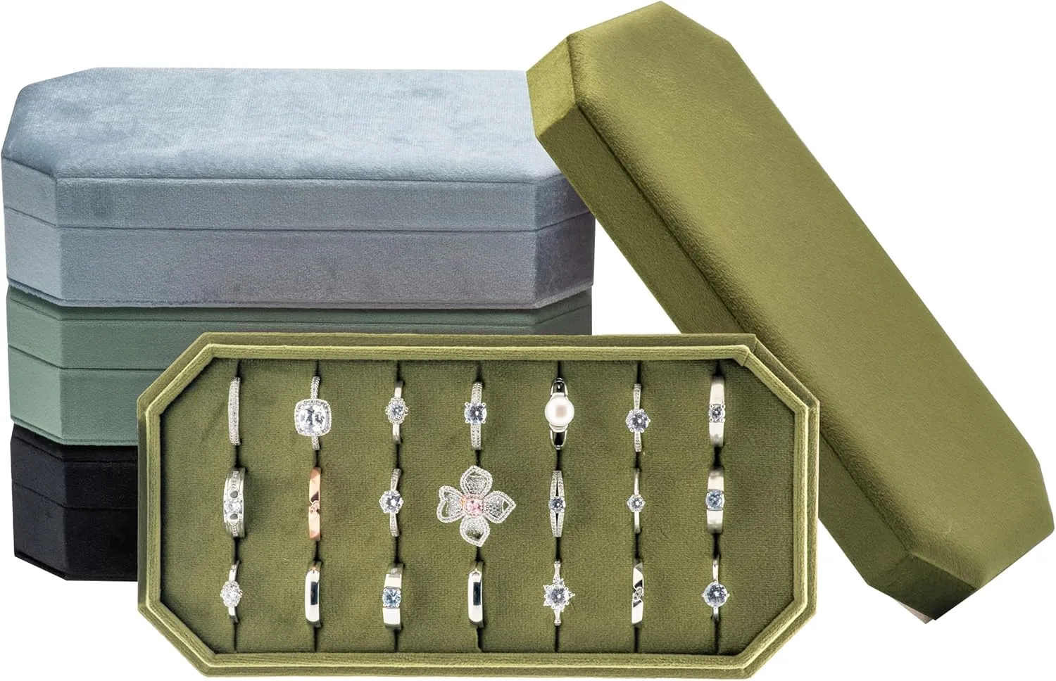 Velvet Ring Organizer Display Tray Jewelry Box Earring Holder Case for Wedding Birthday Christmas Day (Olive Green)