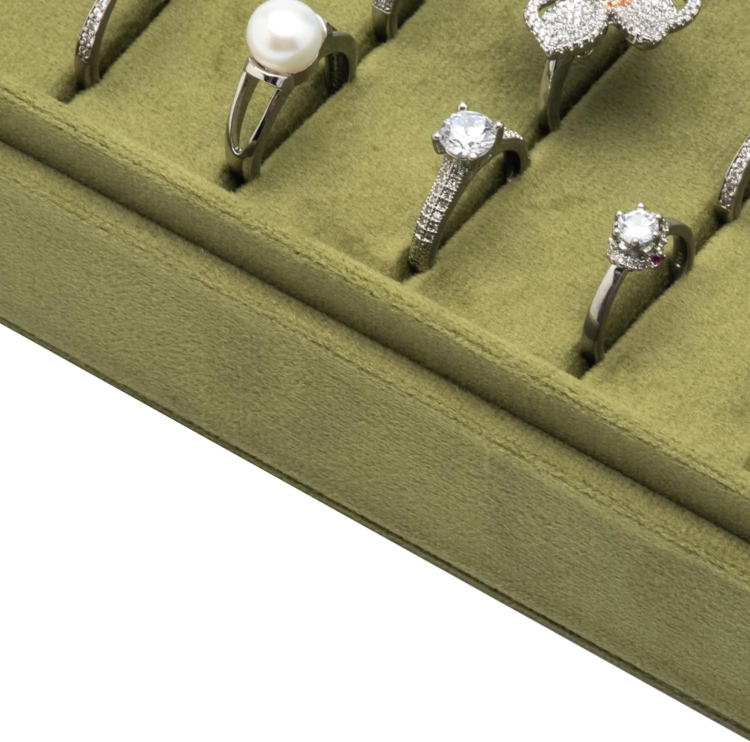 Velvet Ring Organizer Display Tray Jewelry Box Earring Holder Case for Wedding Birthday Christmas Day (Olive Green)