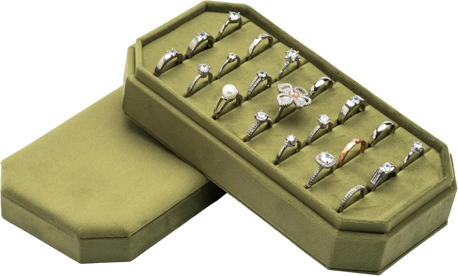 Velvet Ring Organizer Display Tray Jewelry Box Earring Holder Case for Wedding Birthday Christmas Day (Olive Green)