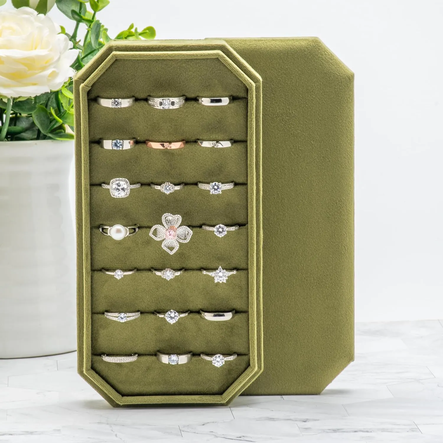 Velvet Ring Organizer Display Tray Jewelry Box Earring Holder Case for Wedding Birthday Christmas Day (Olive Green)