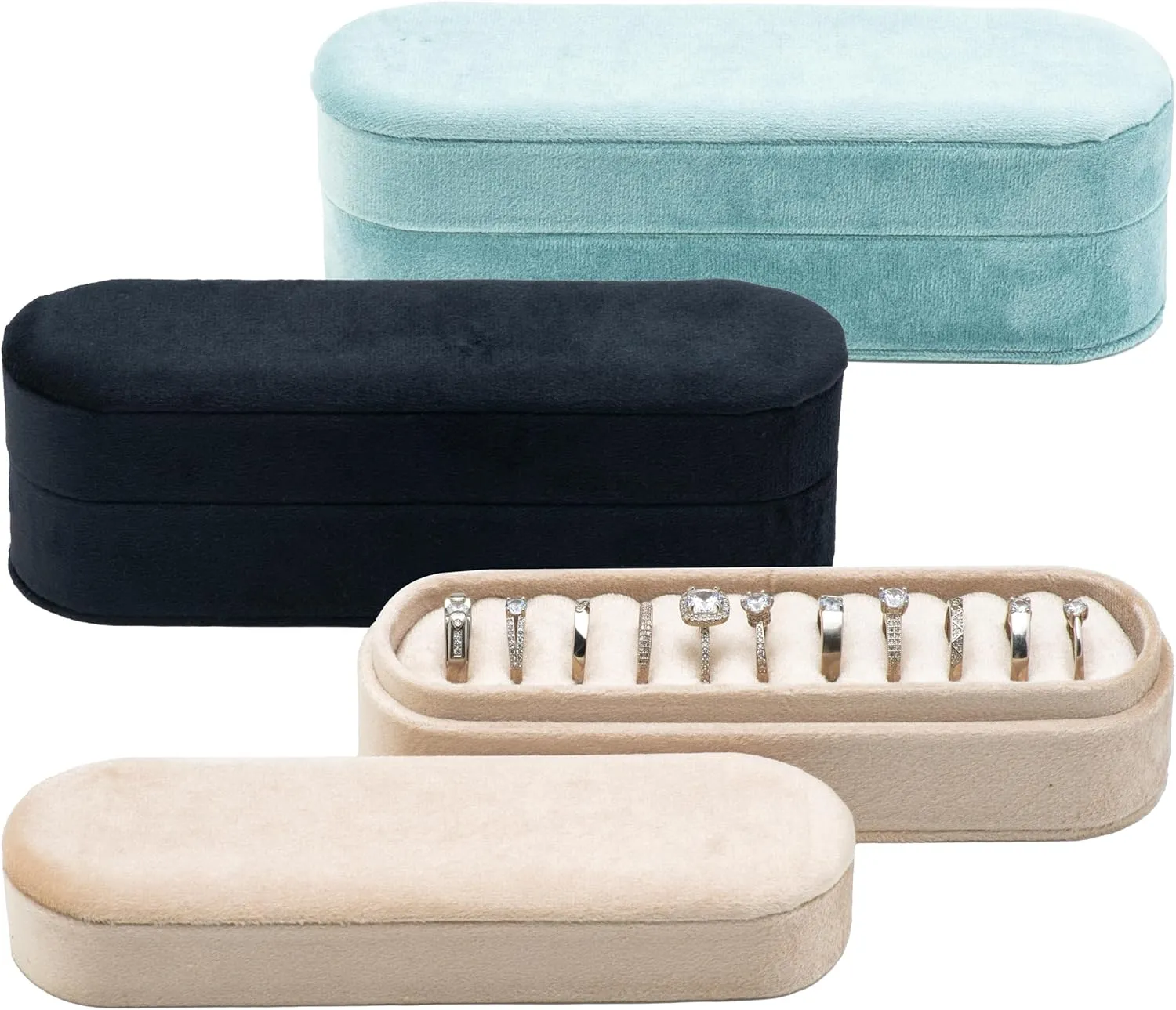 Velvet Small Multiple Ring Box Portable Organizer Display Storage Travel Case Jewelry Earring Holder for Wedding Birthday Christmas Day (Beige)
