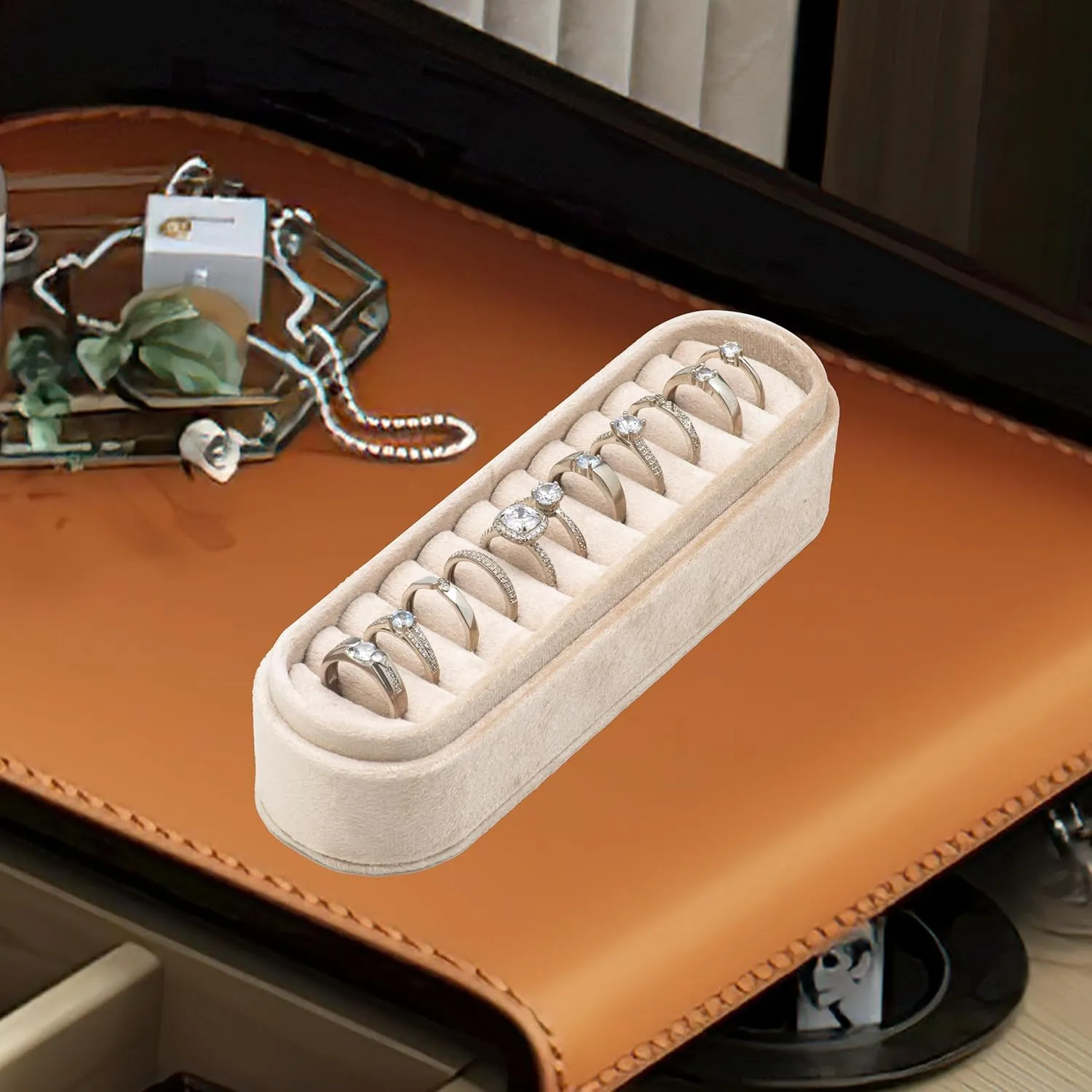 Velvet Small Multiple Ring Box Portable Organizer Display Storage Travel Case Jewelry Earring Holder for Wedding Birthday Christmas Day (Beige)
