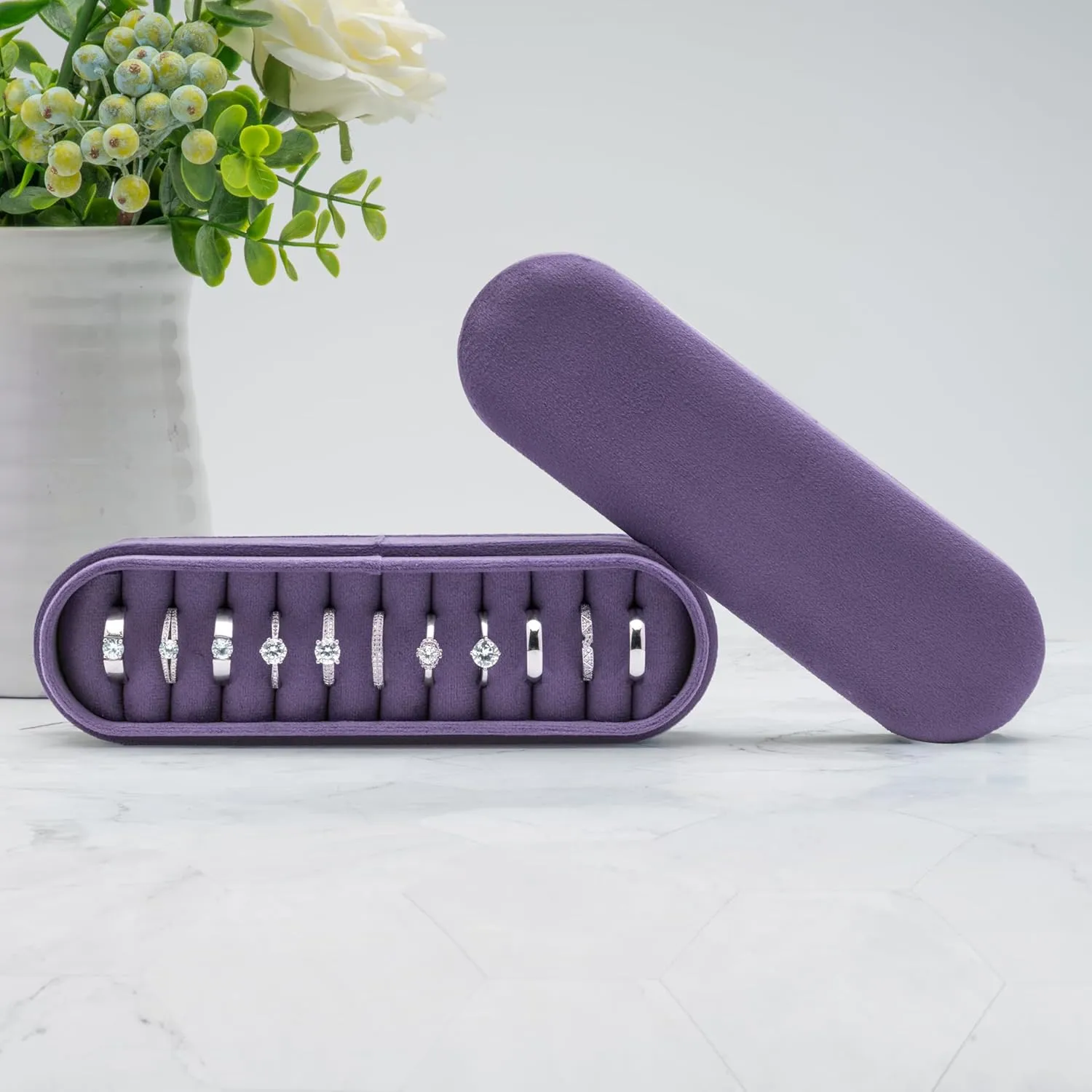 Velvet Small Multiple Ring Box Portable Organizer Display Storage Travel Case Jewelry Earring Holder for Wedding Birthday Christmas Day (Purple)