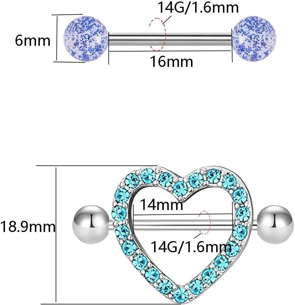 VERAMI 14G Stainless Steel Heart Nipple Rings and Barbell - Butterfly, Starlight Acrylic Ball, Tongue Rings for Women and Men