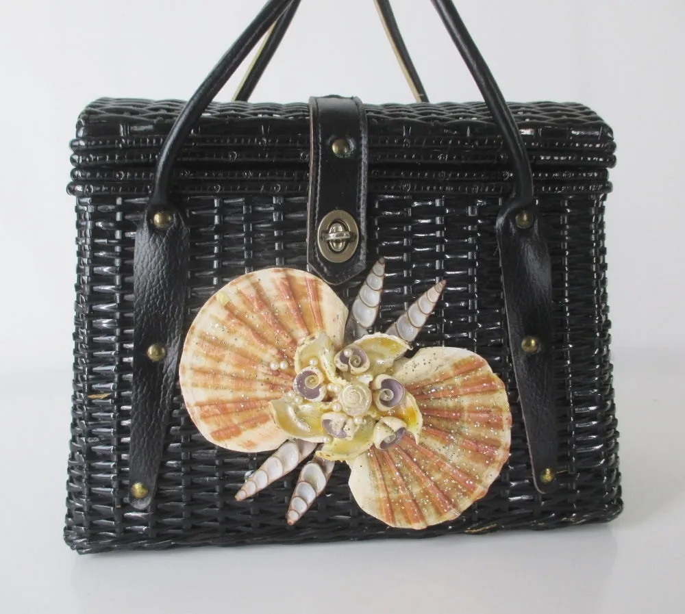 Vintage 60s Large Black Wicker Seashell Basket Box Handbag