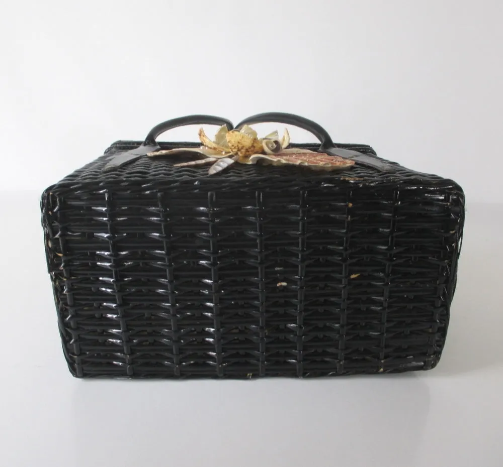 Vintage 60s Large Black Wicker Seashell Basket Box Handbag