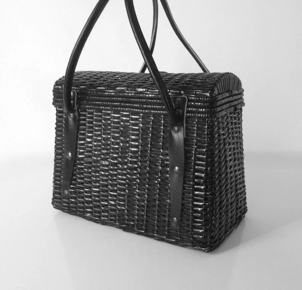 Vintage 60s Large Black Wicker Seashell Basket Box Handbag