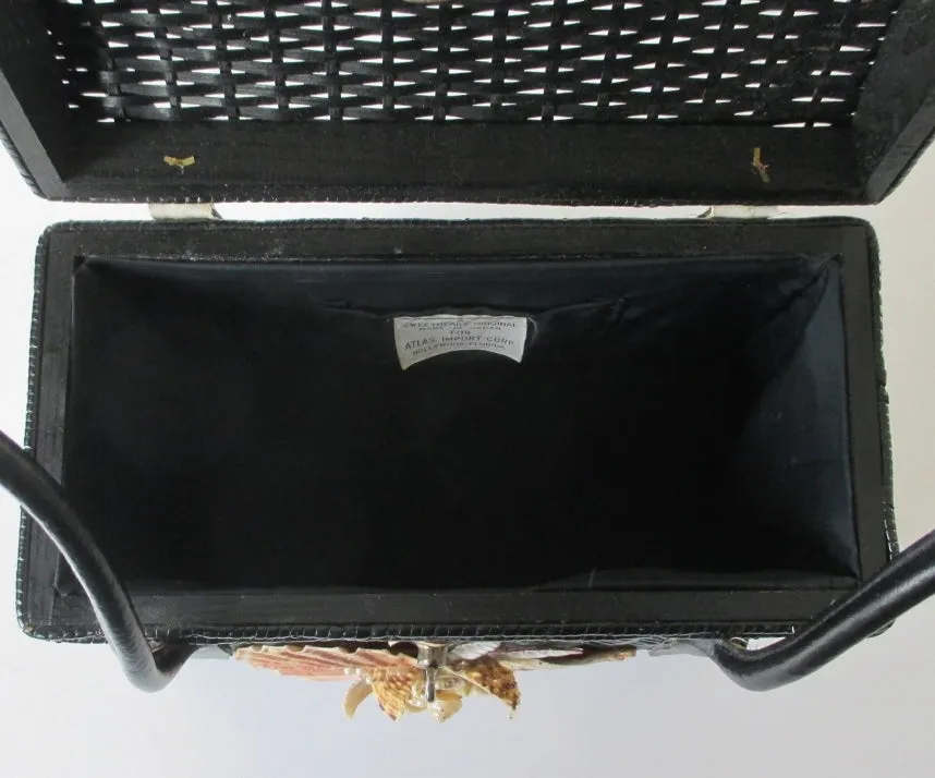 Vintage 60s Large Black Wicker Seashell Basket Box Handbag