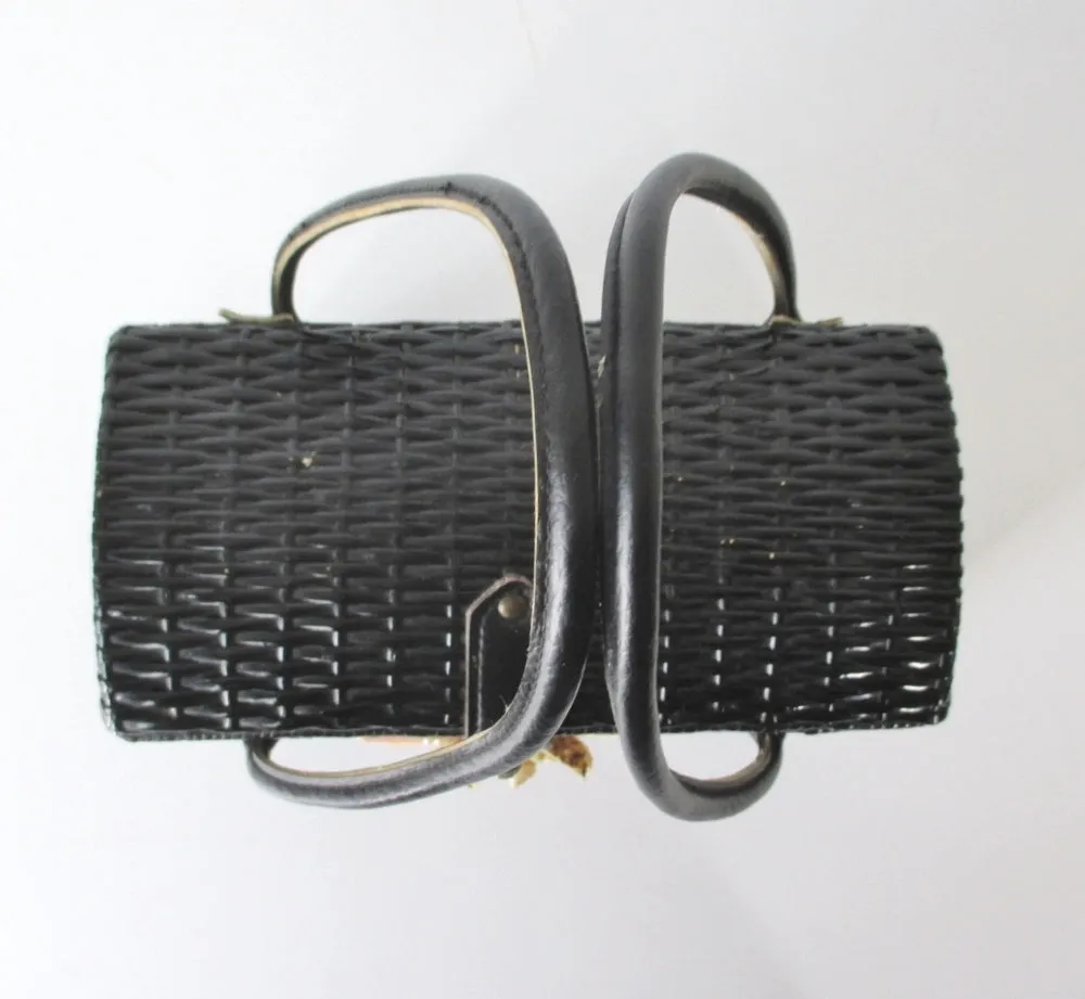 Vintage 60s Large Black Wicker Seashell Basket Box Handbag