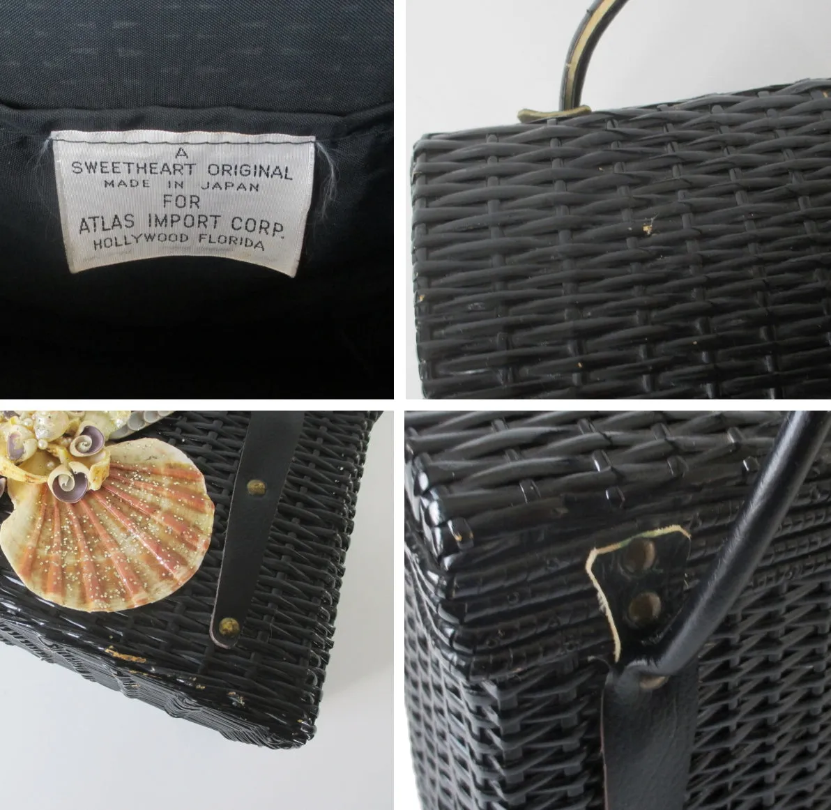 Vintage 60s Large Black Wicker Seashell Basket Box Handbag