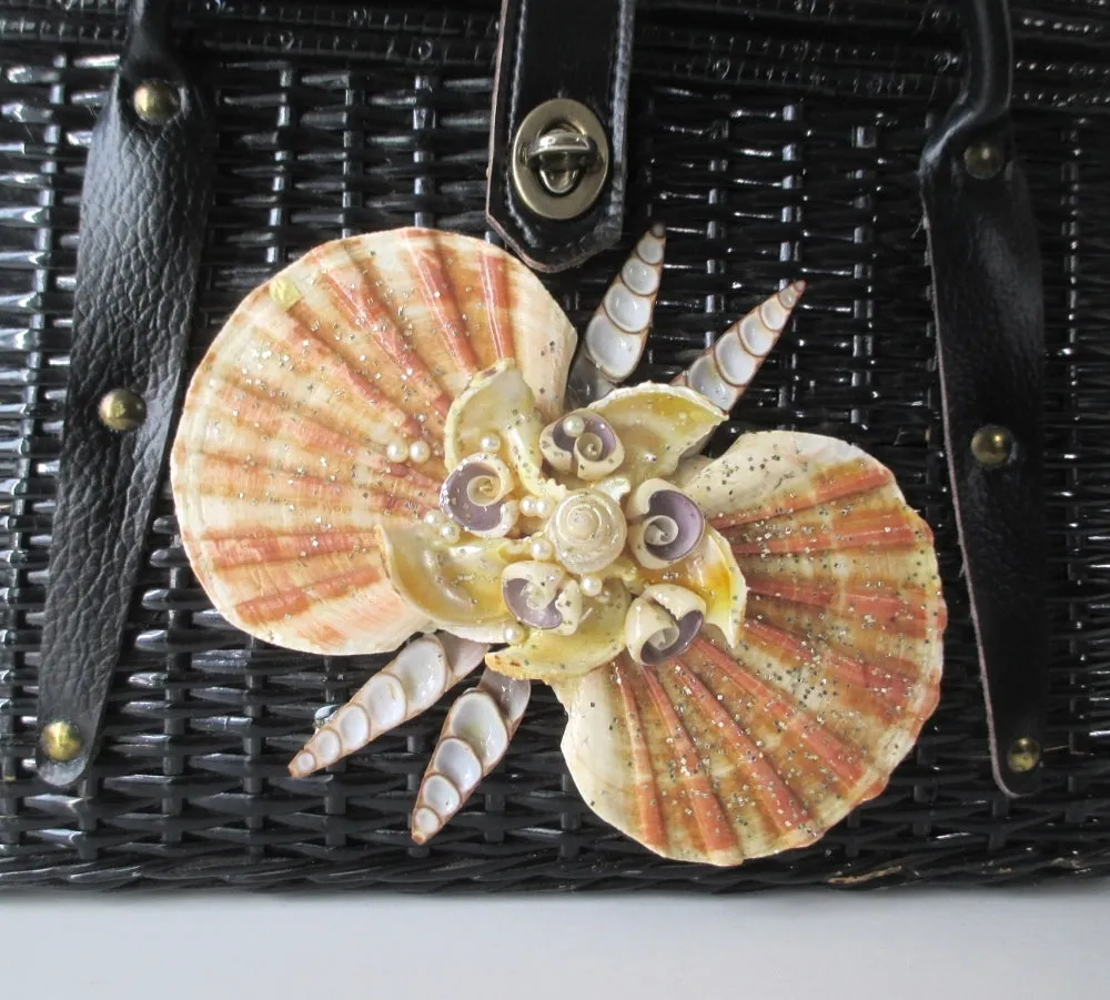 Vintage 60s Large Black Wicker Seashell Basket Box Handbag