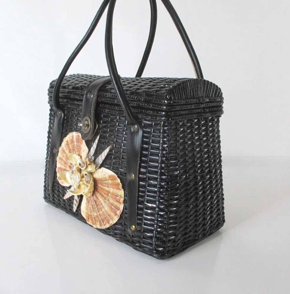 Vintage 60s Large Black Wicker Seashell Basket Box Handbag