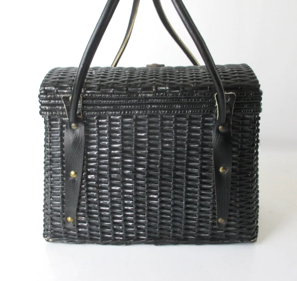 Vintage 60s Large Black Wicker Seashell Basket Box Handbag