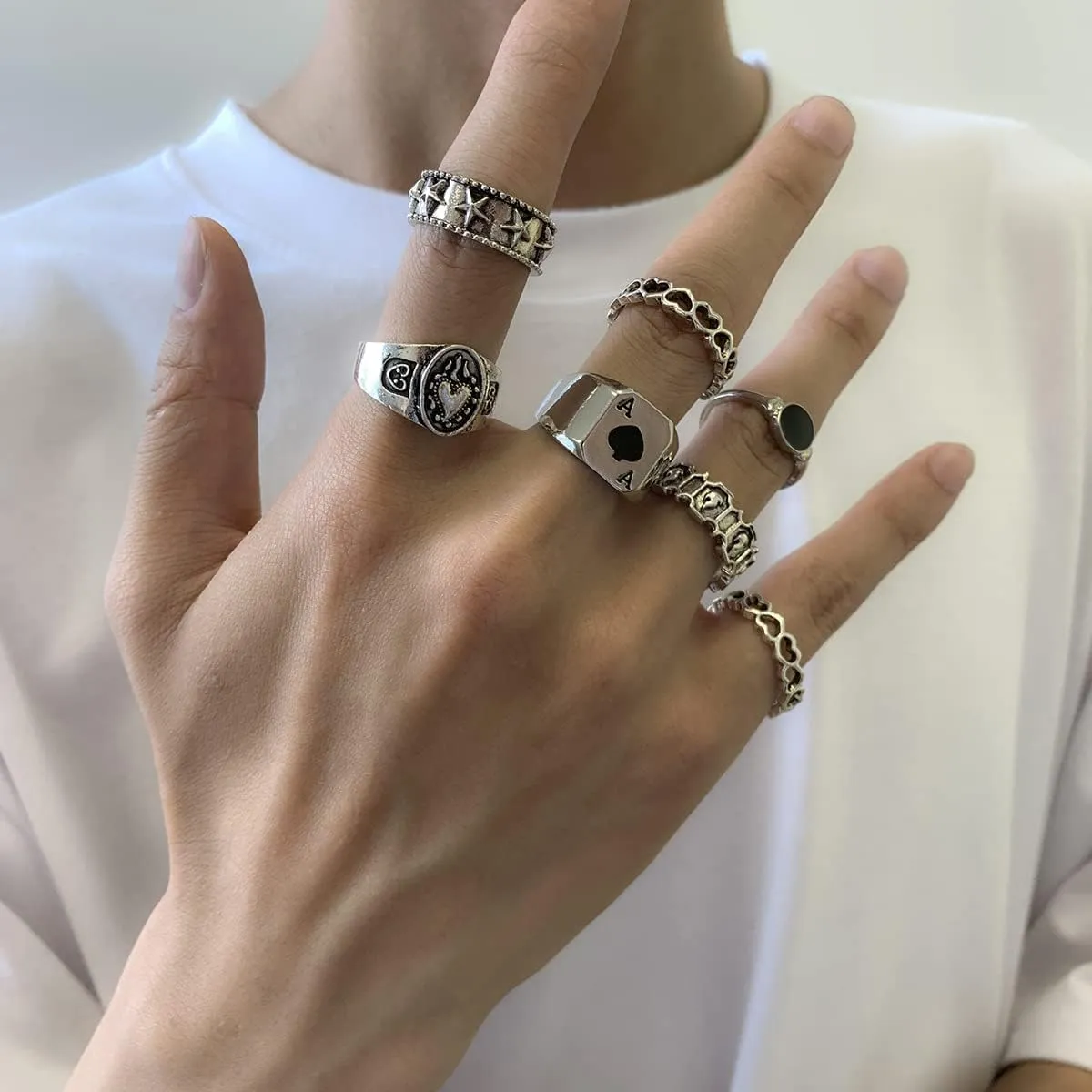 Vintage Gold Silver Punk Rings for Men Women,Cool Gothic Ring Set,Chunky Stackable Joint Knuckle Rings,Retro Skull Ace Malachite Rings