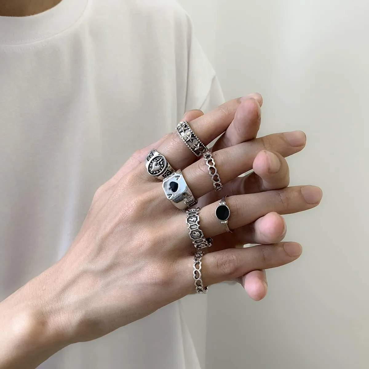 Vintage Gold Silver Punk Rings for Men Women,Cool Gothic Ring Set,Chunky Stackable Joint Knuckle Rings,Retro Skull Ace Malachite Rings