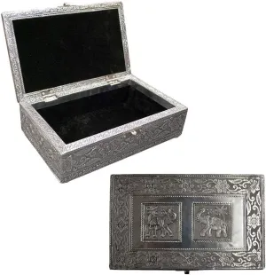 Vintage Jewelry Box Case | 9 Styles | Bronze or Silver Metallic Metal Plating with Floral Accent Designs | Perfect for Earrings Necklaces and Rings (Silver Elephants)