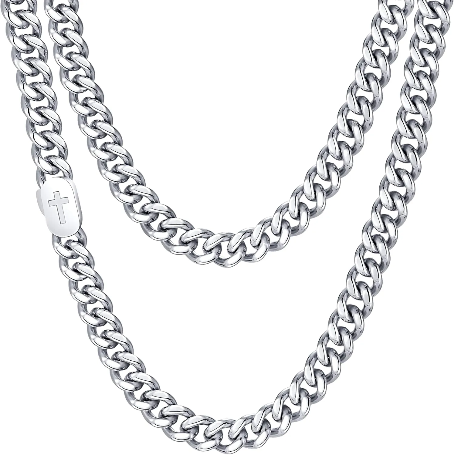 VNOX Cross Necklace for Men - Solid Silver/Gold Plated/Black Mens Cuban Link Chain Stainless Steel Necklaces, Cool Religious Christian Jewelry Gifts