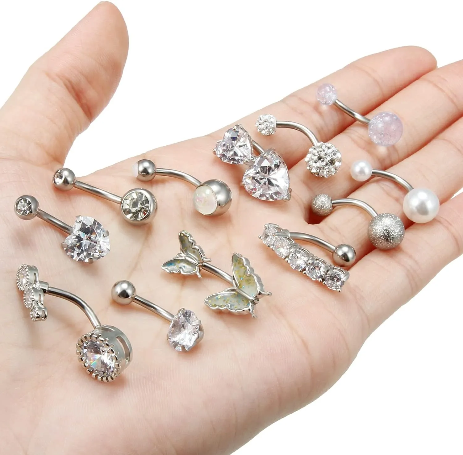 Vsnnsns 14G Belly Button Ring Piercing Jewelry 316L Stainless Surgical Steel Heart CZ Opal Butterfly Navel Rings Reverse Belly Button Ring Navel Piercing Jewelry for Women Men Hypoallergenic