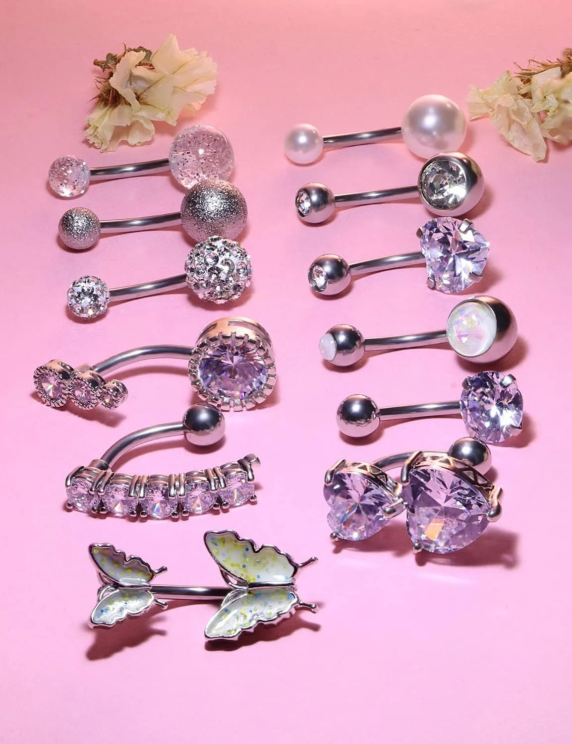 Vsnnsns 14G Belly Button Ring Piercing Jewelry 316L Stainless Surgical Steel Heart CZ Opal Butterfly Navel Rings Reverse Belly Button Ring Navel Piercing Jewelry for Women Men Hypoallergenic